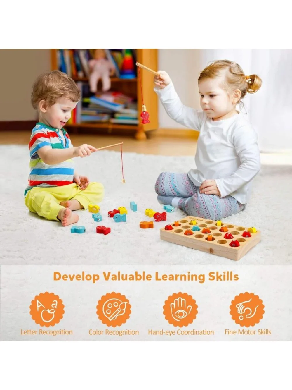 Wooden Magnetic Fishing Game - Fine Motor Skills, ABC Alphabet Color Sorting